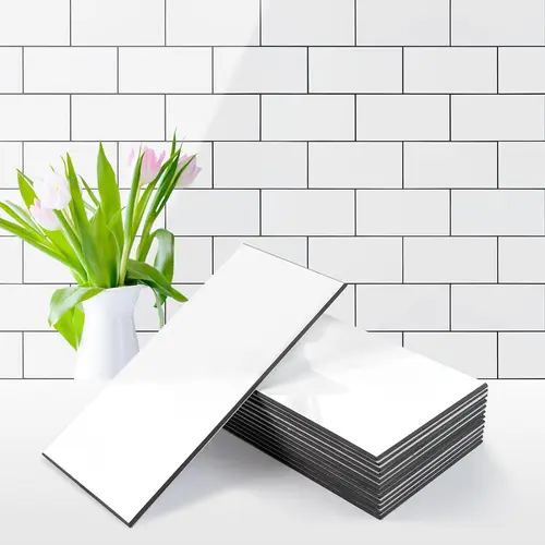 Vamos Tile 100Pcs Water Proof Glossy White Peel and Stick Backsplash,3''x6'' PVC Subway Tile, Stick on Backsplash for Kitchen/Bathroom Decoration Stickers Decorative Ornaments