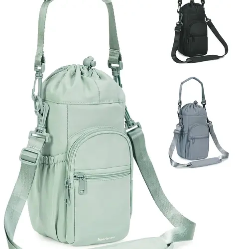 Women's Insulated Nylon Crossbody Water Bottle Holder Bag - Water-Resistant, Adjustable Strap, Detachable Sling, 4"x5"x12" for 32oz-40oz Cups, Drawstring Closure, Phone & Multiple Pockets, Protects Bottles from Scuffs, Ideal for Camping, Beach