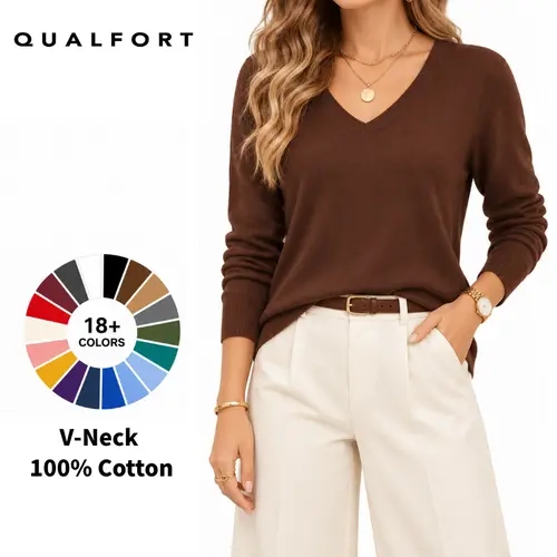 QUALFORT Women's 100% Cotton V Neck Pullover Sweater, Lightweight Long Sleeve Knitwear Top, Casual Fall 2026 Fashion, Soft Solid Basic Sweater for Work, Travel, Back to School, Thanksgiving Outfits, Everyday Layering Womenswear,sohochic