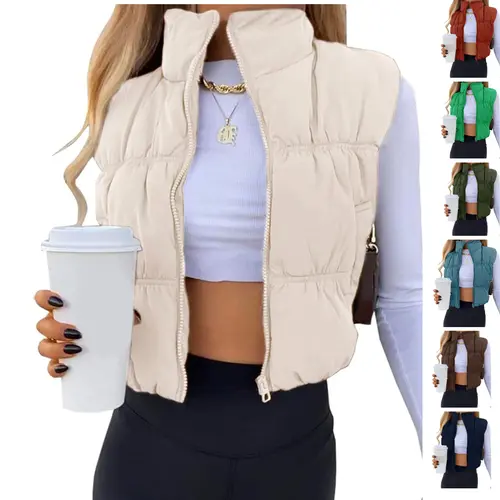 Ommig Women's Retro Casual Cropped Zip‑Up Puffer Vest Stand Collar Sleeveless Lightweight Padded with Pockets,sohochic