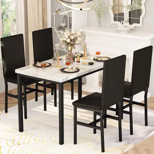 Recaceik 5-Piece Combo Kit Dining Room Furniture Set for 4, White Faux Marble Tabletop Dining Table with PU Leather Chairs, Modern Indoor Set for Apartment, Small Spaces, Interior,sohochic
