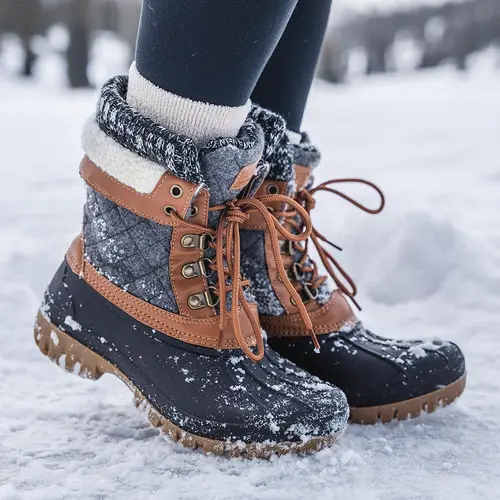 ALEADER Women's Mid-Calf Round Toe Winter Anti-Slip Warm Snow Boots - Waterproof Shell Hiking Shoes, PU Combo Footwear, Fleece Soft Insole, Classic Versatile Duck Boots for Outdoor Walks, Shoes for Women