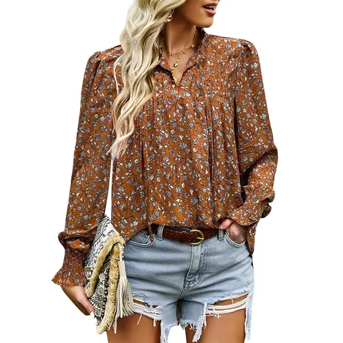Women's Long Sleeve Tops New Arrivals Boho Floral Printed Blouses Casual V Neck Pleated Drawstring Shirts Fashion dealsforyoudays Outdoorfun Womenswear Vneck 2026 spring Loose Dressy Flowy