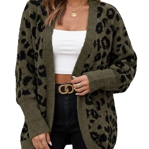 BTFBM Women's Leopard Print Long Sleeve Sweater Cardigan Loose Knit Open Front Fall Winter Outwear Coats