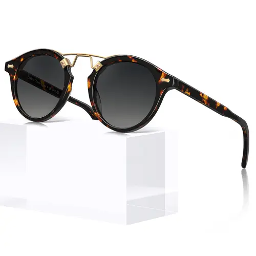 CARFIA Women's Italian Acetate Full-Rim Tortoiseshell Polarized Round Sunglasses - UV Protection, Retro Glossy Animal Print, for Small Faces, Driving & 2026 Summer Beach, Glasses for Women, Metal Wire Core, Elastic Legs