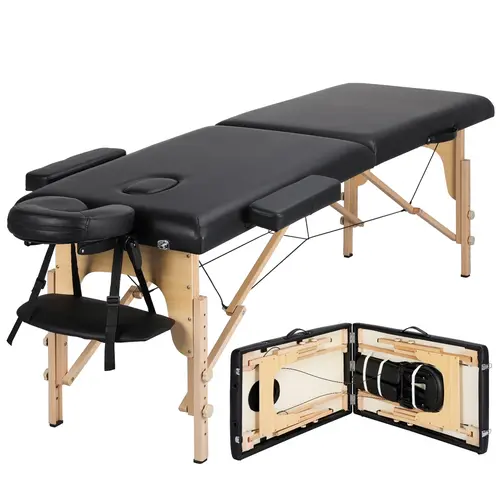 Yaheetech Adjustable Massage & Grooming Table - 2/3-Section Folding Portable PU Leather Spa Table with 25–33.5" Adjust, Headrest Angle Lock, Armrest, Hand Pallet, Ergonomic Beech Wood Frame for Salon Use