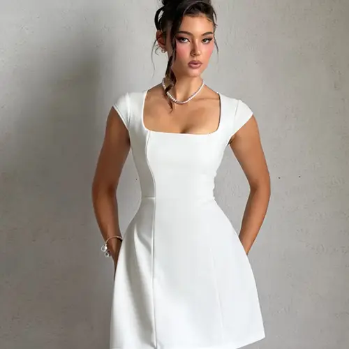 Women's Plain Square Neck A Line Dress, Formal Wear, Elegant Cap Sleeve Short Dress for Party Holiday Wedding Guest, Ladies Fall Clothes, Monique Dress Prom