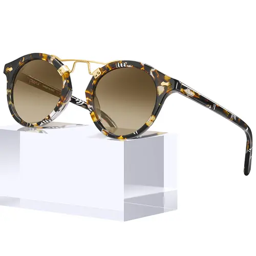 CARFIA Women's Polarized UV Protective Sunglasses - Retro Round Double-Bridge Tortoiseshell Full Rim Acetate Frames, Shatterproof Lens for Glare-Free Vision, Bold Statement Frame Glasses for Daily Wear, Round Shape Sunglasses, Stylish Accessories