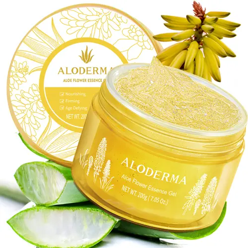 ALODERMA Age-Defying 24 Karat Gold Leaf Aloe Flower Essence Gel - Organic Aloe Vera Processed within 12-Hours of Harvest, Floral Aroma, Rejuvenating with Allantoin & Hyaluronic Acid, Radiant Complexion 7oz Moisturizer