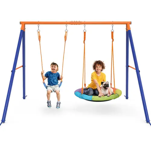 Bearbro Swing Set with 1 Saucer and 1 Belt Swing Seat, 440lbs Swing Set for Kids with Heavy Duty A-Frame Metal Swing Stand for Backyard and Playground