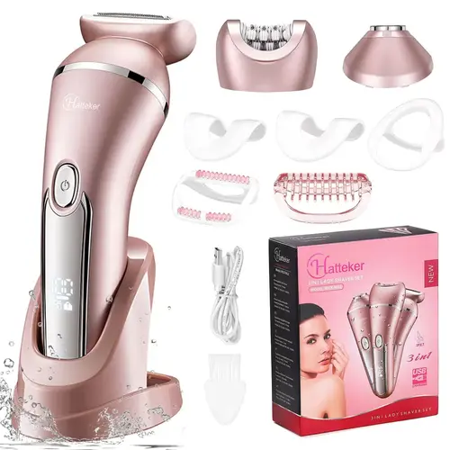 Hatteker Women's 3-in-1 Hair Removal Shaver Kit, Painless Smooth Shave Electric Razor for Women with LED Display, 2-Speed Design, Detachable Head, Waterproof, USB Rechargeable (Face, Bikini Area), Lady Shaver