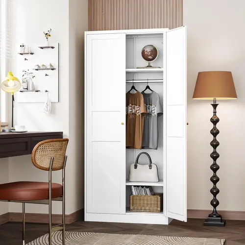 Letaya 72" Heavy-Duty Steel Wardrobe Storage Armoire - White Wall-Mountable Metal Cabinet with Adjustable Shelves, Hanging Rod, Magnetic Lock, High-Cube, Adaptive Panel, Pre-Assembled for Bedroom/Closet Organization (Large Interior)