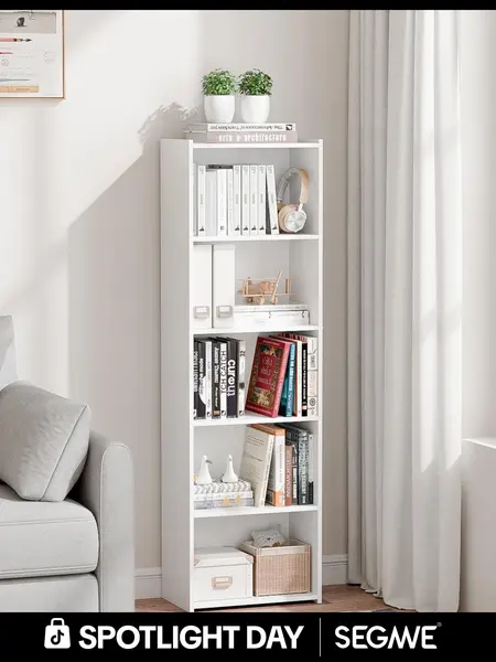 Segawe Modern Aesthetic 5-Tier Narrow MDF Bookshelf - Scratch Resistant Vertical Storage Solution, Fits Tight Spaces, Display Storage Living Room Furniture, Apartment Home Organizer (15.8"x9.5"x52"), Dorm Decor, Dorm Room, House Decor