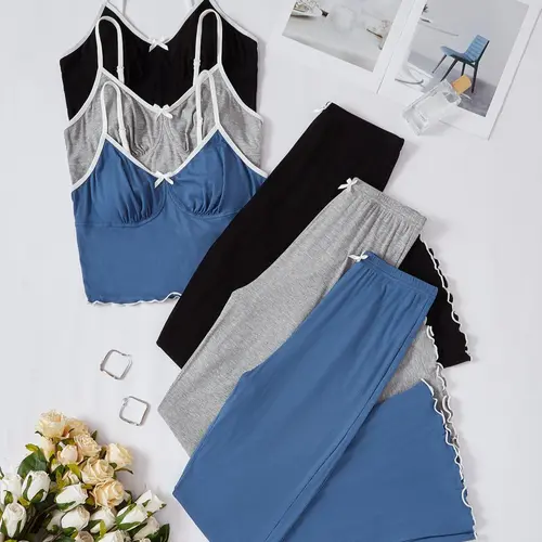 Women's Contrast Binding Lettuce Trim Pyjama Set, Adjustable Spaghetti Strap Crop Cami Top & Bow Decor Elastic Waist Pants Pj Set, Casual Comfy Loungewear Set for Women, Pyjamas for Women
