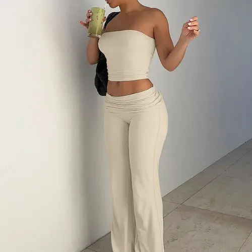 Two-Piece Set Women's Solid Basic Crop Strapless Fitted Tube Top & Foldover Waist Flare Leg Pants, Everyday Casual Fashion Cozy Fabric Outfits for Daily Outdoor Wear, Ladies Clothes for Summer, Casual Lounge Set