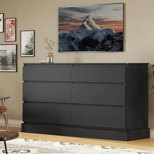 Sikaic 6 Drawers Double Dresser, 51.5''W Wooden Storage Chest of 6 Drawers, Large Capacity Clothing Storage Cabinet, Wide Black Dresser for Bedroom, Home Furniture Christmas Gifts [SohoChic]
