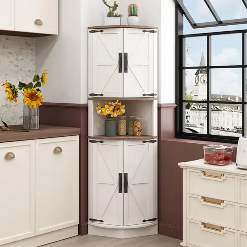 [tiktokshopbacktoschool] Vabches 64.8" Tall Farmhouse Corner Cabinet with 4 Doors and 5 Storage Shelves, Farmhouse Storage Cabinet with Barn Door Design, Home Space Saver for Living Room, Kitchen, Laundry Room