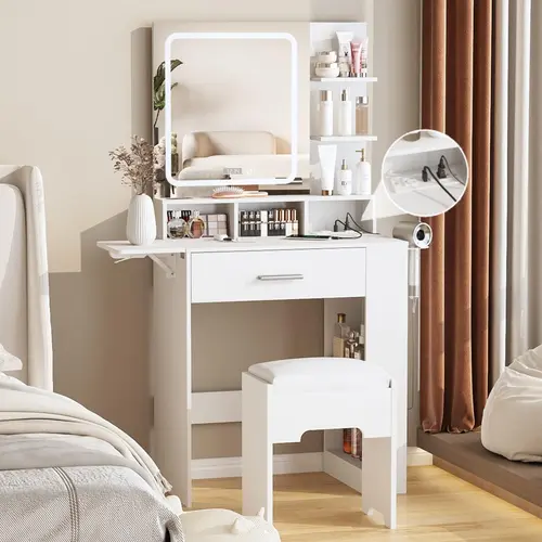 [SohoChic] Vabches Makeup Vanity Desk (Furniture) - Small White Vanity Set with Mirror, Lights, Drawer, Storage Shelves, Integrated Charger, Time Display and Chair for Bedroom, Adjustable, Modern
