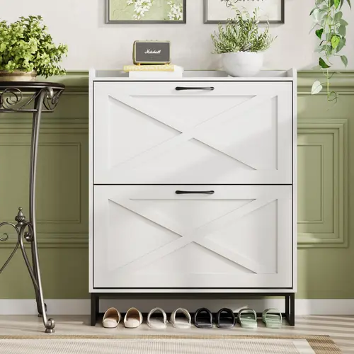 [tiktokshopbacktoschool] Vabches Freestanding Entryway Shoe Storage Cabinet with Flip Drawers, Metal Legs and Slim Shoe Organizer Racks