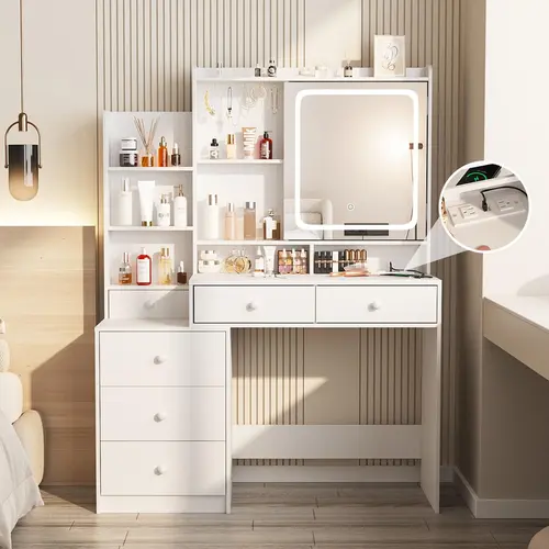 [SohoChic] Vabches Modern Makeup Vanity Desk - Makeup Storage Desk with 6 Drawers & Shelves, Built-in Power Strip, 3-Color Adjustable Lighting, Bedroom Accessories