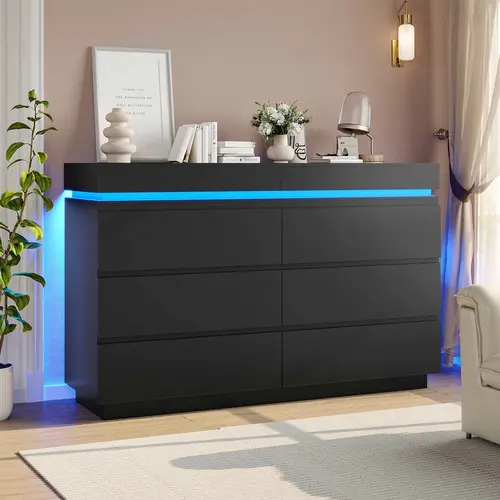 Sikaic Modern 6 Drawers Dresser with Sliding Desktop, Wide Chest of Drawers with Charging Station & LED Lights, Large Storage Tower Clothes Organizer, Dresser for Bedroom, Small Unique Home Furniture, Best Gift Ideas
