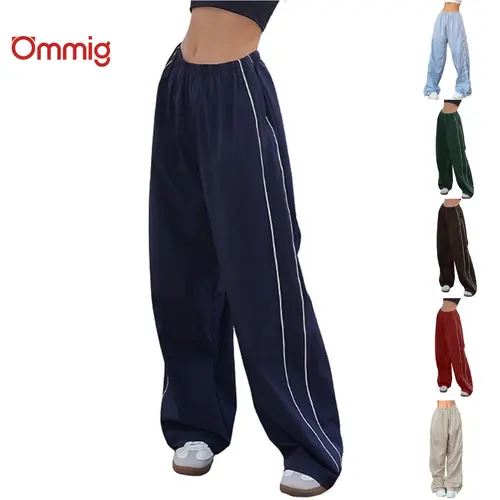 Ommig Women's Parachute Wideleg Pants Baggy Y2K Elastic Waist Wide Leg Track Pants Trousers Casual,sohochic