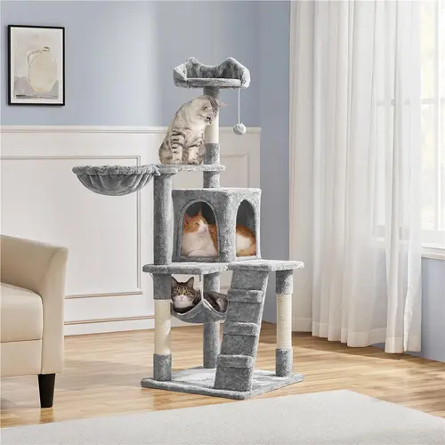 Yaheetech Multi-Level Plush/Sisal Cat Tree with Kitten Condo - 34-54in Height, Unique Tunnel Design, Hammock, Natural Sisal Scratcher Post, 22lb Capacity Raised Perch, Particle Board Base, Replaceable Ball, Wall Anchor Strap for Stability