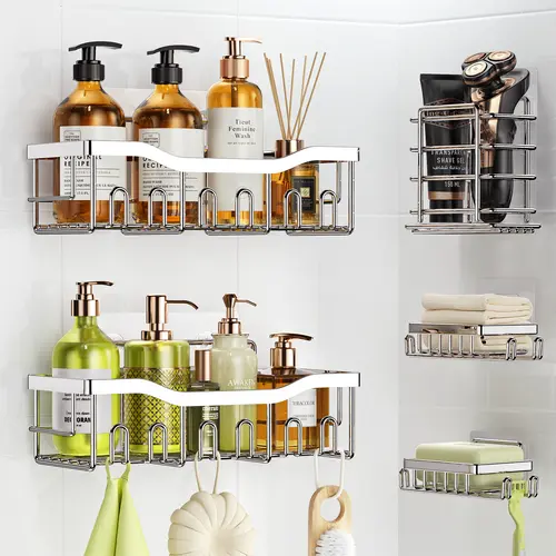 5-Pack Corrosion-Resistant Stainless Steel Bathroom Caddy Organizer Set - Adhesive Waterproof No-Drill, 2 Large Hollow Hanging Shelves, 2 Soap Trays, Fast Drainage, Dormitory Accessories for Tile/Glass/Marble,sohochic