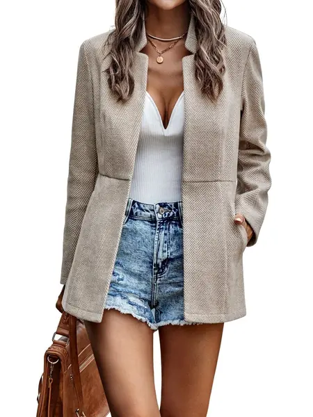 Chouyatou Lady's Fitted, Soft Plaid Open-Front Long-Sleeve Notch Lapel Blazer Jacket - Women's Tops for Casual, Business, Office Wear, Solid, Pockets, Coat, Office Work Clothes