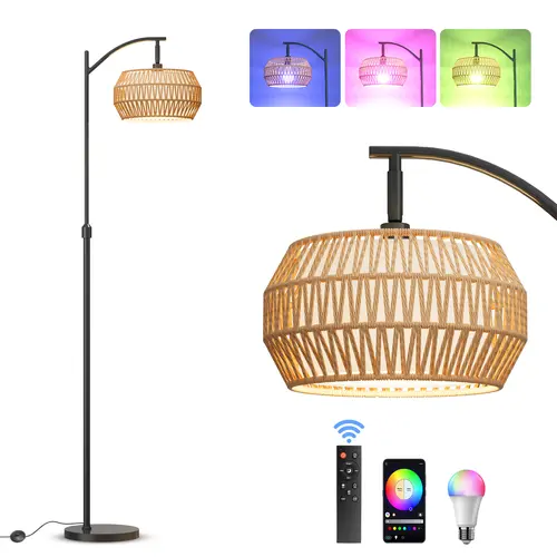 VALLERICO Bohemia Rattan Arc Floor Lamp with Adjustable LEDs, Foot Switch, Remote Control, 3-Color Temp, Dimmable RGB Modes, Fabric Shade, Book Lights, Parenting-Friendly for Living Room Office,SohoChic