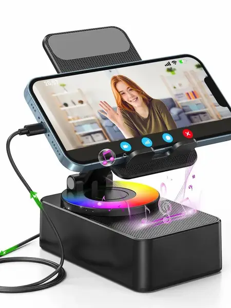5 in 1 Multipurpose Portable Speaker - Bluetooth 5.0 Wireless Audio System, Foldable Stand, Emergency Charging, 5.3FM HD Bassup, Call Answering, Rechargeable, Non-Slip Silicone Base Grips Phones, 15*10*6 cm, Compatible with iPhone & Android