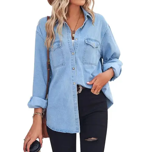 CHOUYATOU Lady's Loose Fit Jean Shirt, Casual Oversized Collared Button Down Top with Pockets for a Layered Crop Look,back to school,back to school shopping, Leggings, Basic