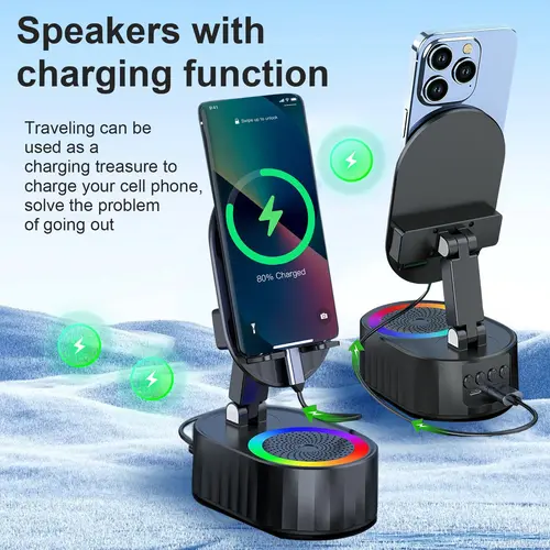 AKLLCCR 5-in-1 5000mAh Power Bank with LED Lights, Bluetooth Speaker, Wireless Charger, Cellphone Kickstand, USB Cable, 5.3 HD Surround Sound for Emergency Charging of Smartphones, Tablets