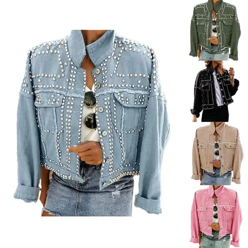 Ommig Women's Pearl & Rivet Studded Washed Denim Jacket - Minimalist Basic Women's Fashion Tops, Casual Short Loose Fit Long Sleeve Button-Up Breathable Outerwear with Pearls,sohochic