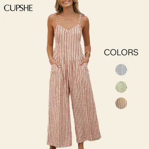 CUPSHE Women's Stylish Striped V Neck Sleeveless Wide Leg Overalls, Woven Polyester Rayon Full Length Jumpsuit for Casual Beach Vacation, Easy Wash Care#SohoChic