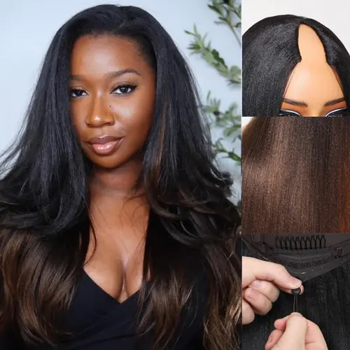 UNICE Female Heat Resistant Human Hair V-Part Glueless Wig - Yaki Straight Ombre Chestnut Brown, No Leave Out Design for Beginners, Adjustable Drawstring Full Machine Wig,sohochic
