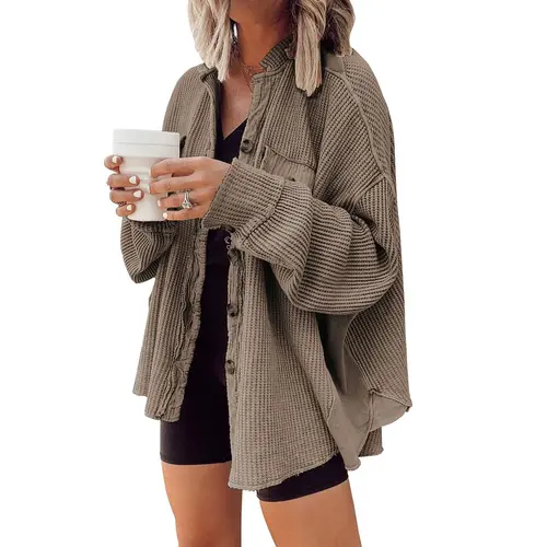 CHOUYATOU Women's Loose Fit Batwing Sleeve Waffle Knit Button Down Shacket Top - Women's Clothes, Outfits Suit for Casual Chic Office Wear in Spring Fall Winter, Tops For Women