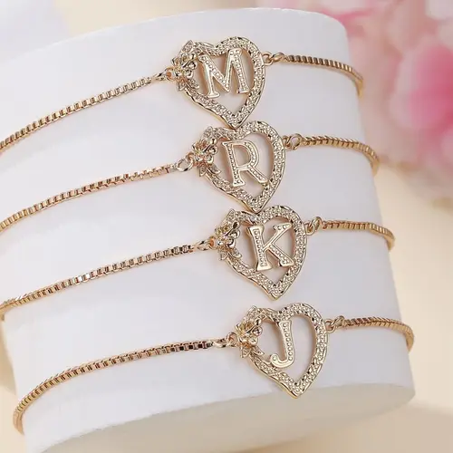 Women's Elegant Heart Design Initial Letter Charm Bracelet, Heart Shaped Bracelet, Exquisite Trendy Bracelet, Letter Link Bracelet for Women & Girls As Gift, Elegant Jewelry Bracelet