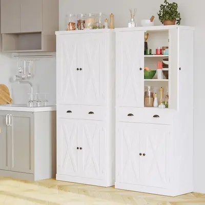 IRONCK 72.6in H Farmhouse Storage Cabinet, Sturdy Wood Freestanding Tall Cupboard with Double Barn Doors, Drawer & 4 Adjustable Shelves, Modern Sideboard for Dining Room, Living Room, Easy Setup, Farm Life