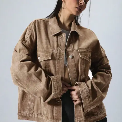 Women's Plain Basic Button-Front Drop-Shoulder Fitted Denim Jacket Coats, Casual Fashionable Outerwear Long-Sleeve Collared Pocket Outerwear for Daily Wear, Aesthetic Womenswear
