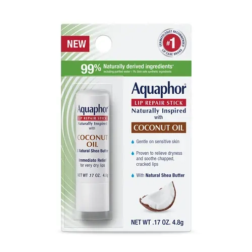 Aquaphor Lip Repair Stick - Naturally Inspired Coconut Scent, 0.17oz, 99% Naturally Derived Ingredients & Shea Butter, Therapeutic Fragrance, Healthy Dry Lips Moisturizing & Smoothing Solution