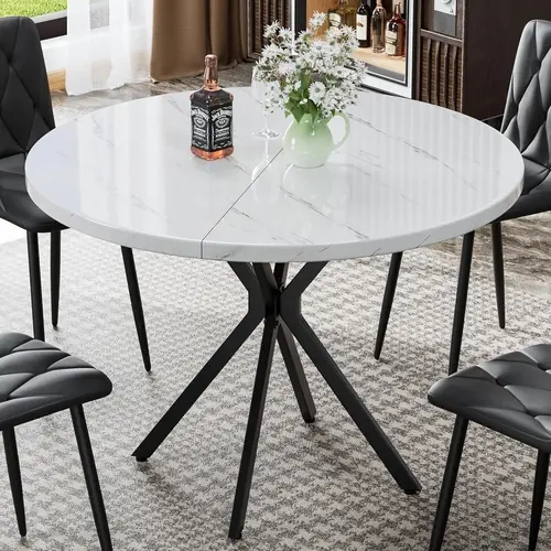 Recaceik 39-Inch Modern Round Dining Table with Iron Metal Frame, X-Base, Special Table Design & Beautiful Lines, for 4-5 People, Small Space Afternoon Tea Use in Dining Room, Apartment, Stone sohochic