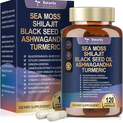 Totaria 25-in-1 Sea Moss Black Seed Oil Ashwagandha Ginger Shilajit Supplement 18525mg - Edible Supplement for Fitness