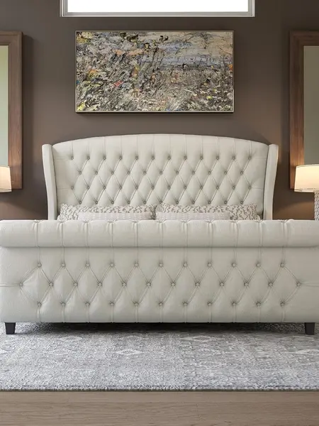 [Only Bed Frame]VanAcc Platform Bed Frame, Velvet Upholstered Sleigh Bed with Scroll Wingback Headboard & Footboard/Button Tufted/No Box Spring Required/Easy Assembly #SohoChic