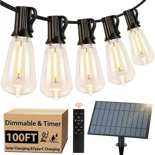【Clearance】MATULSA Waterproof Solar Outdoor String Lights - LED Lighted with Shatterproof ST38 Waterproof Sealed Bulbs, Remote Dim Control, Easy Assembly, Wall/Ground Mount for Backyard Oasis, 50/60/100/120/150/200Ft Options