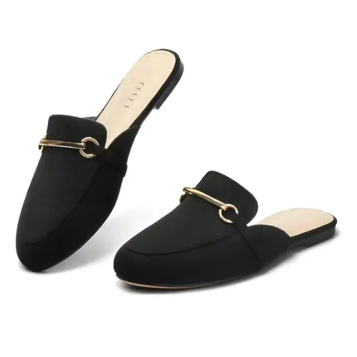 MUSSHOE Women’s Closed-Toe Mule Loafers – Beige Suede-Look Slip-On Flats with Gold Horsebit, Backless Work & Casual Shoes