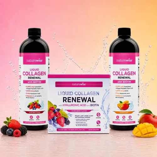 NatureWise Liquid Collagen Renewal - Hydrolyzed Liquid Collagen for Women & Men 4000mg - High Absorption Liquid Collagen Drink - Type 1 & 3 Peptides + Biotin + Vitamin C + B Complex & Hyaluronic Acid - Mixed Berry or Mango Flavor - Beauty Supplement