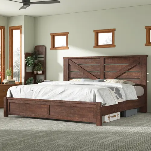 VanAcc Farmhouse Bed Frame with 49.2" Barn Door Headboard, Platform Bed Frame with Wood Slats, Under Bed Storage Space, Noisy Free, Easy Assembly #SohoChic