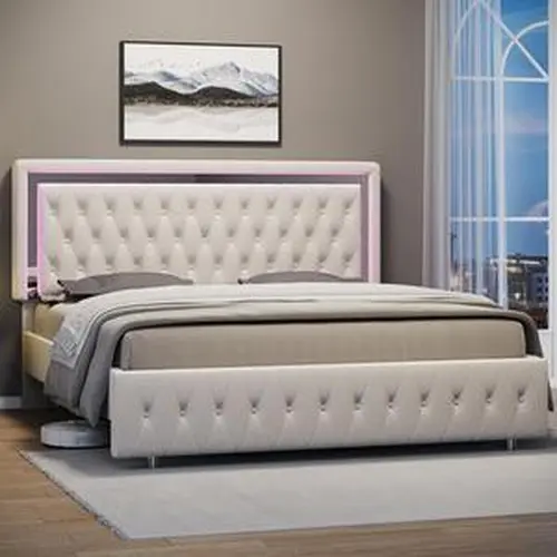 【Bed Frame Only】VanAcc LED Bed Frame with Led Lights Adjustable Headboard Velvet Button Tufted/Acrylic Mirror Accents, No Box Spring Needed/Christmas Gift #SohoChic