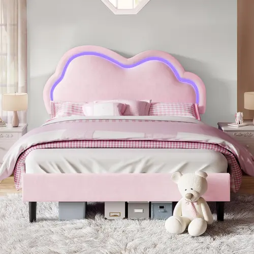 [Mattress NOT Included] VanAcc Bed Frame with Adjustable Cloud Headboard and Customizable LED Light, Velvet Upholstered Bed, Unique Bedroom Furniture, No Box Spring Needed, Twin/Full/Queen #SohoChic